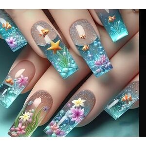 Aquarium Goldfish Press On Nails Long Square Blue Glitter Underwater 3D Art 24pc